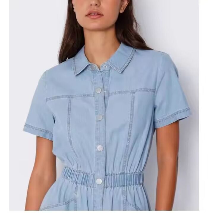Jeans Dresses Summer Short Sleeve Front Button Down Snow Washed High Quality Clothing Women Denim Dress - Image 3