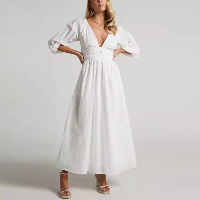 High Quality Casual Dress Custom Logo Puff Short Sleeve Deep V Neck Embroidered Cotton Fabric Women Long Maxi Dress