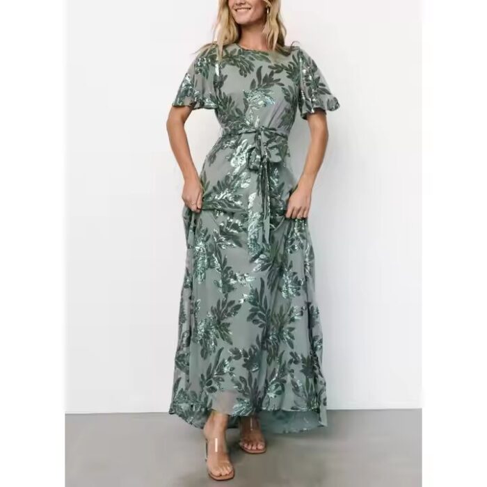 Elegant Lady Short Sleeve Maxi Dress Button Down Summer Letters Sequin Lace Decorated Chiffon Lapel Neck Party Dress for Women