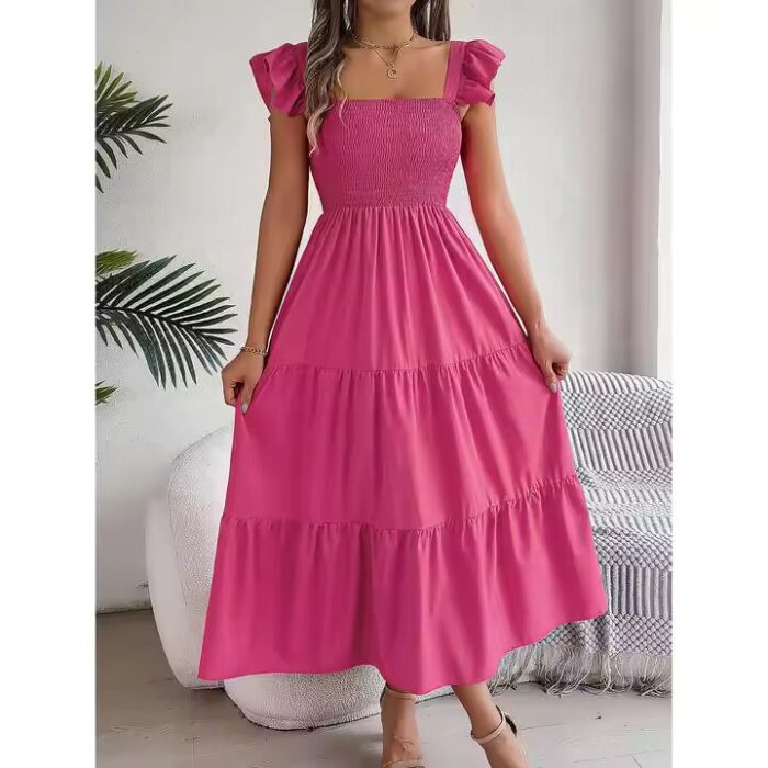 Customized Women's Casual Midi Dress Bohemian Solid Beach Smoking Dress With Natural Waistline & Ruffle Decoration