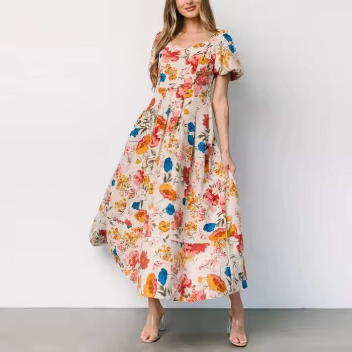 Garment Factories Custom Summer Dress Wholesale Floral Digital Print Cotton Linen Pleated Long Maxi Dresses Women Clothing