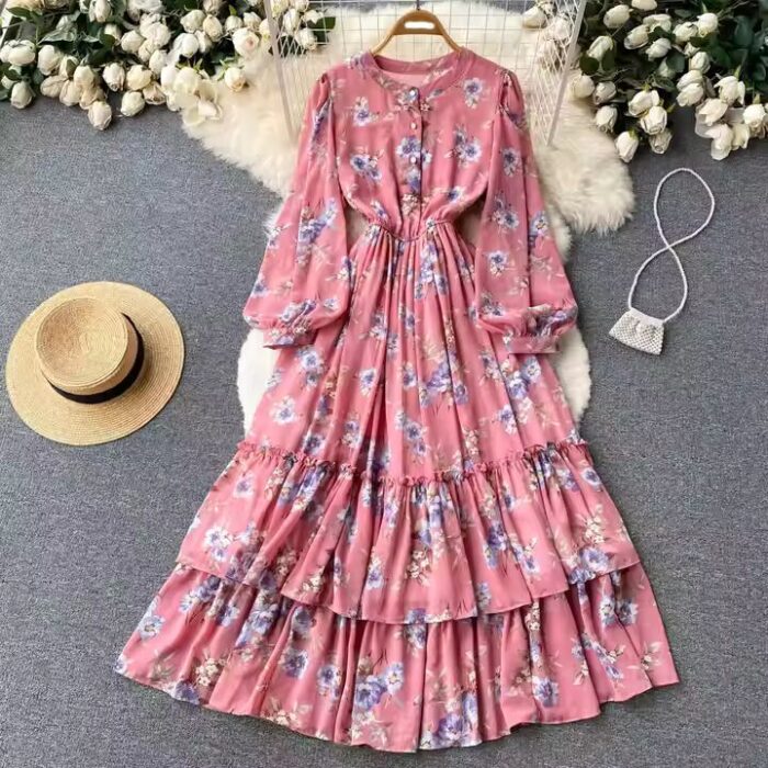 Women's New Fashion Casual Solid Pattern Long-Sleeved Winter Dress Famous Designer's Wholesale Clothes With Floral Prints