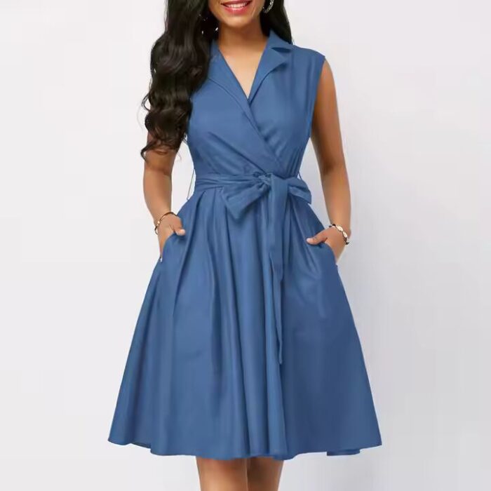 New Ladies Custom Clothing Summer Casual Mini Dress Solid Color Short Sleeves Belt Ruffles Decoration Woven Washable